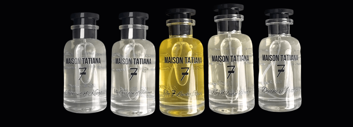 A collection of five Maison Tatiana 7 perfume bottles